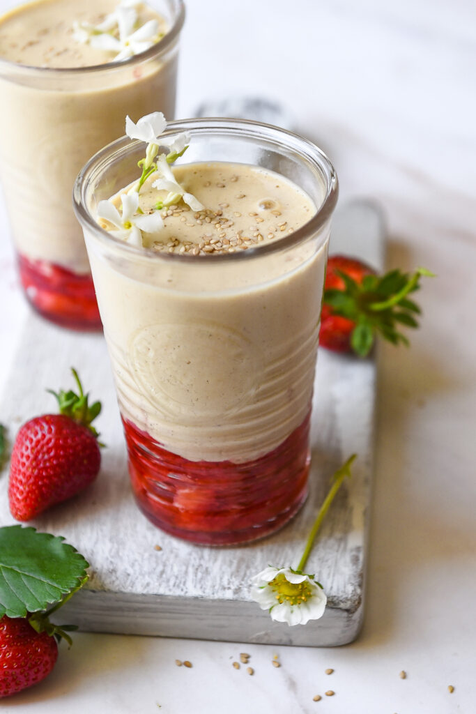 Creamy Tahini Smoothie With Muddled Strawberries 